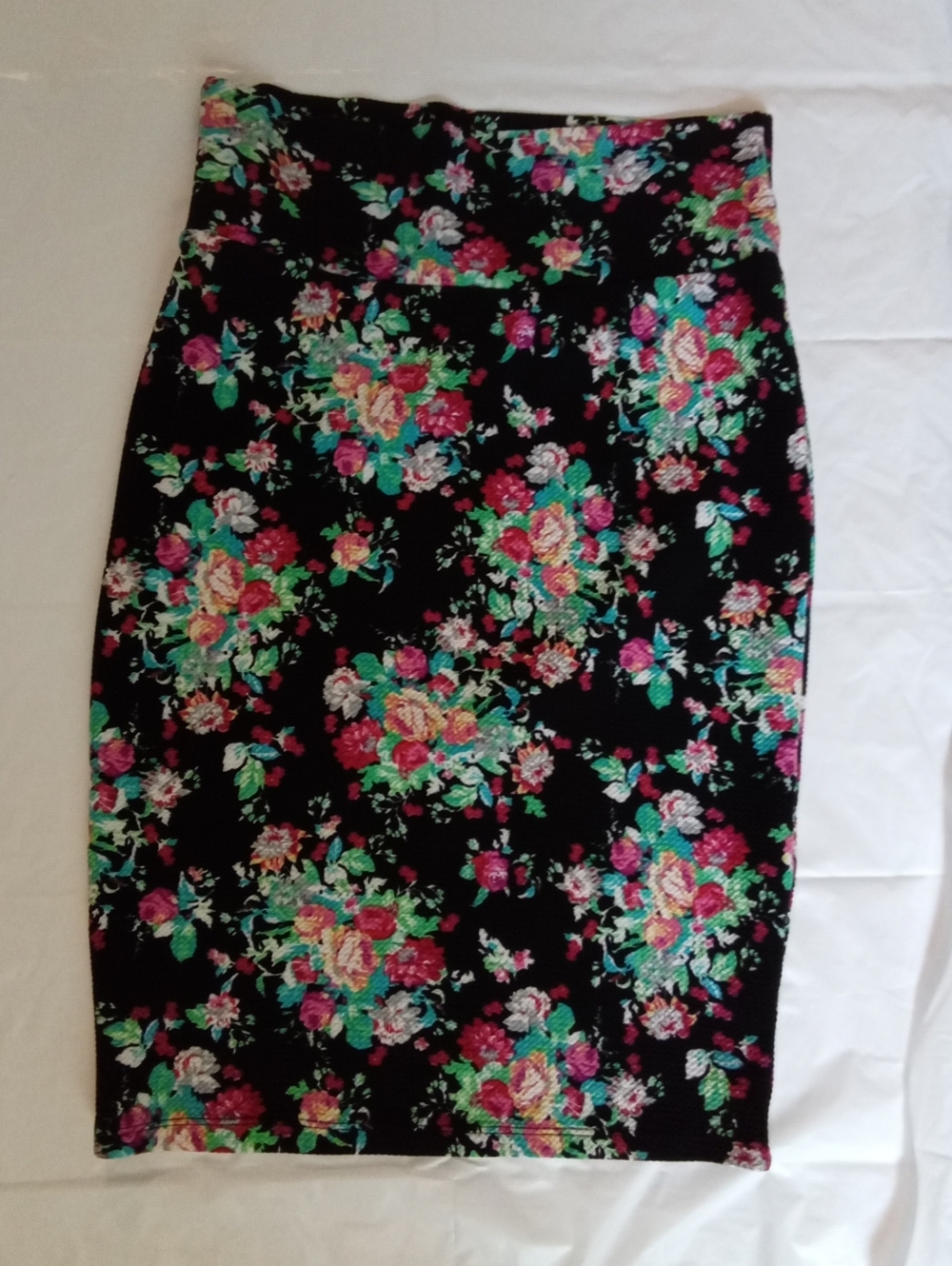 LuLaRoe Black Pencil Skirt with Pink & Green Floral Print